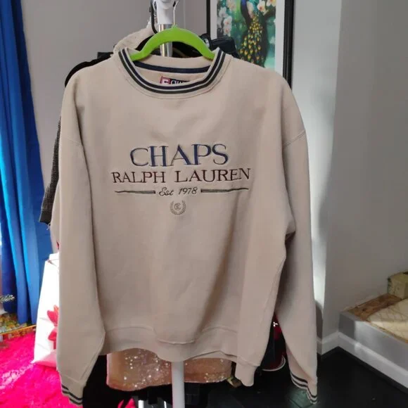 Chaps Ralph Lauren Beige Logo Crewneck Sweatshirt | Size Large | Mint - Picture 1 of 4